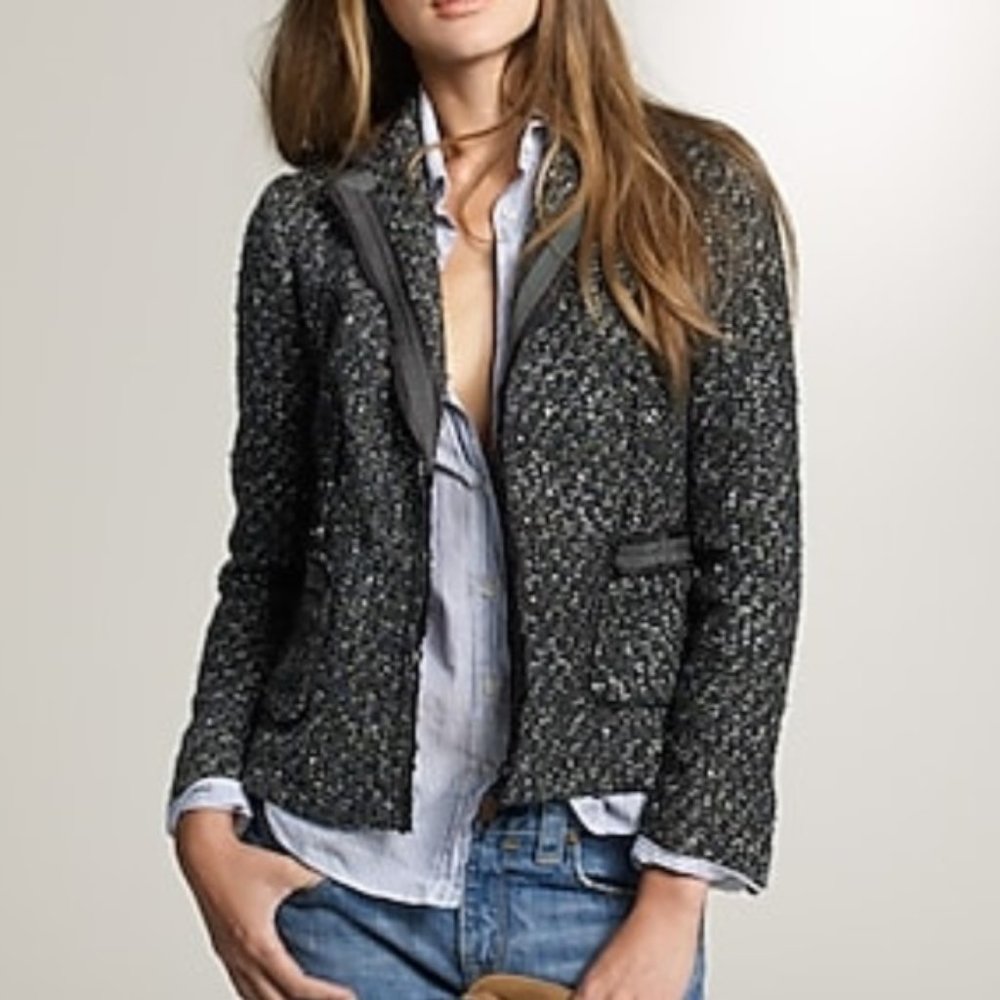 J. Crew Blazer Tweed Tatum Jacket Wool Blend Green Navy Women's Size 6